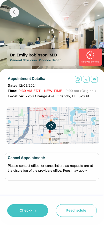 Timely app showing a delayed appointment with adjusted arrival time